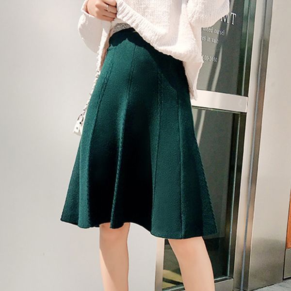 

elastic knitting women skirt autumn 2019 high waist solid green a-line skirts for women pleated streetwear midi female bottom, Black