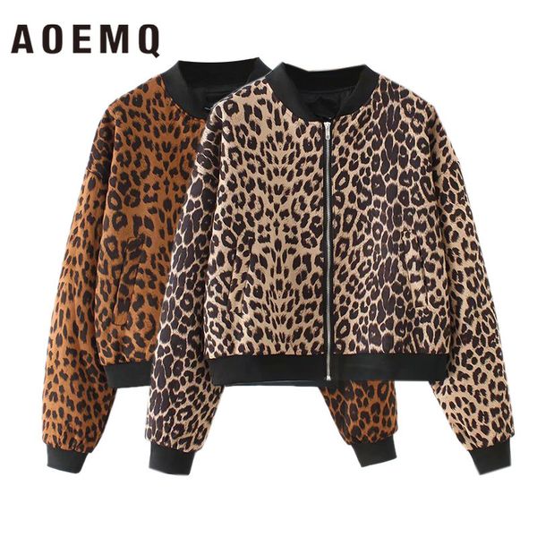 

aoemq suede leopard print loose thin fashion handsome round neck long sleeve baseball short jacket top, Black;brown