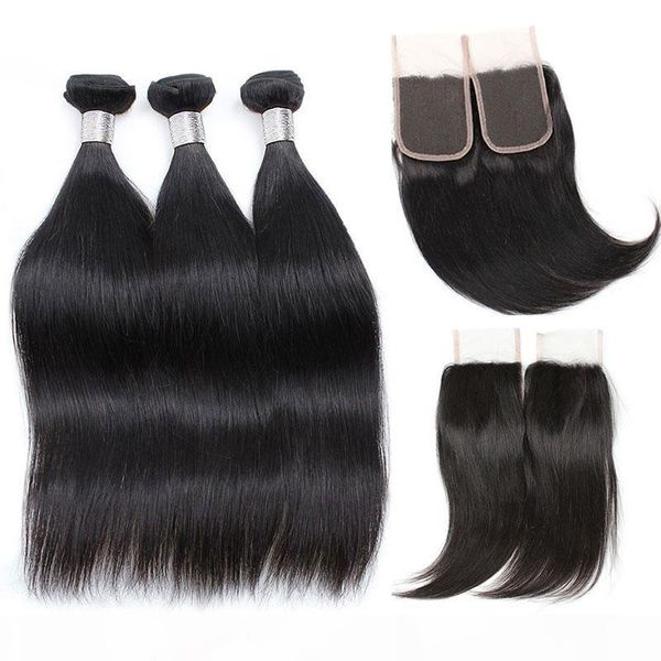 

brazilian straight virgin hair weave 3 bundles with closure unprocessed brazilian virgin silky straight human hair weave weft wholesale, Black