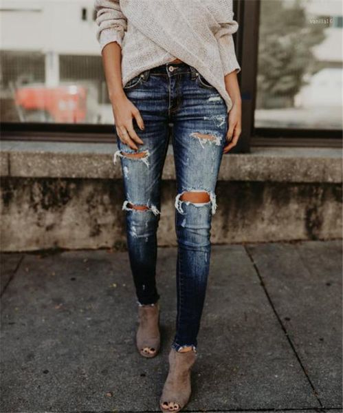 

2018 autumn new style modern and trendy/women torn jeans1, Blue