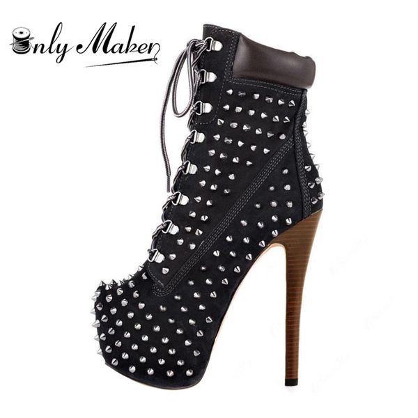 

onlymaker women's spike boot shoes 16cm high heel 3cm platform lace up ankle boots pumps stiletto shoes plus size 13, Black