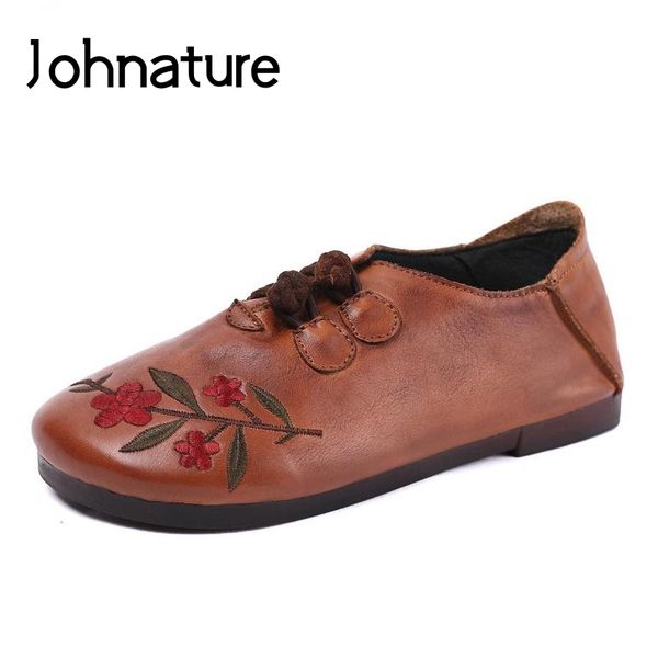 

johnature genuine leather women shoes embroider flats 2019 new autumn floral retro round toe buckle strap handmade ladies shoes, Black