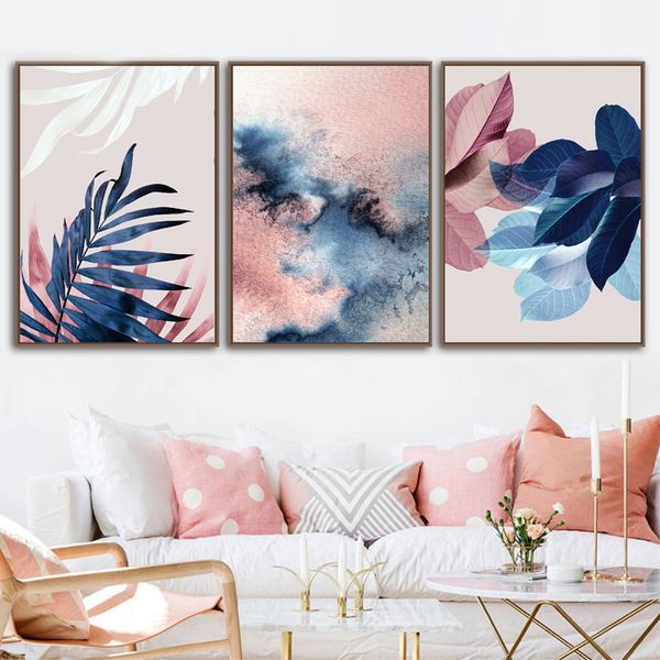 

abstract watercolor leaves canvas paintings print nordic blush pink pictures for living room home decor botanical wall art