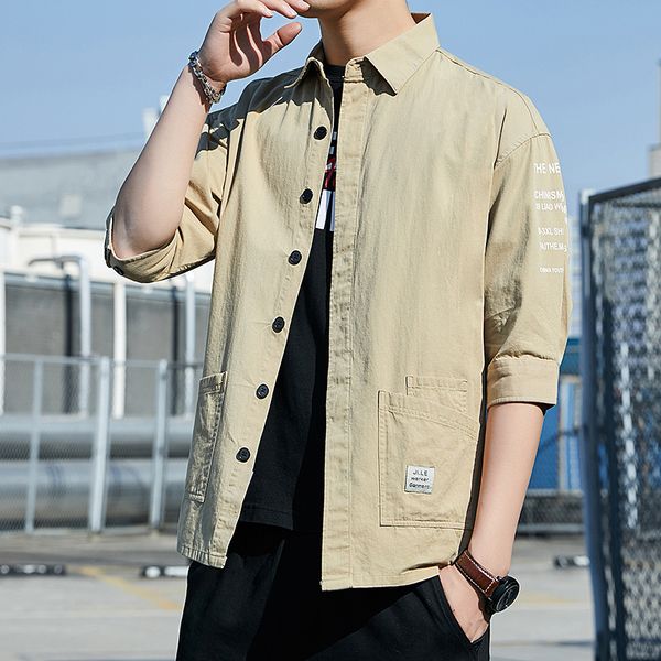 

lux angner fashion cargo shirt men half sleeve solid 100% cotton streetwear shirt male vintage trend summer casual mens, White;black