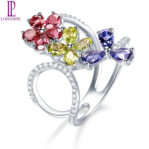 

natural multicolor flower ring for women gift gemstone garnet peridot iolite solid 925 sterling silver fine wedding christmas party jewelry, Black