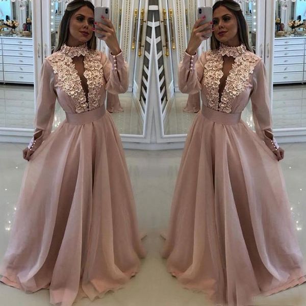 

new blush pink prom dresses long sleeves with flowers high neck keyhole crystal beads organza formal party dress evening gowns wear, Black