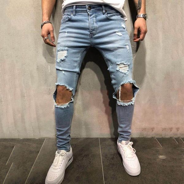 

2018 men fashion skinny stretch denim pencil pants trend freyed biker slim shredded jeans size s-4xl, Black