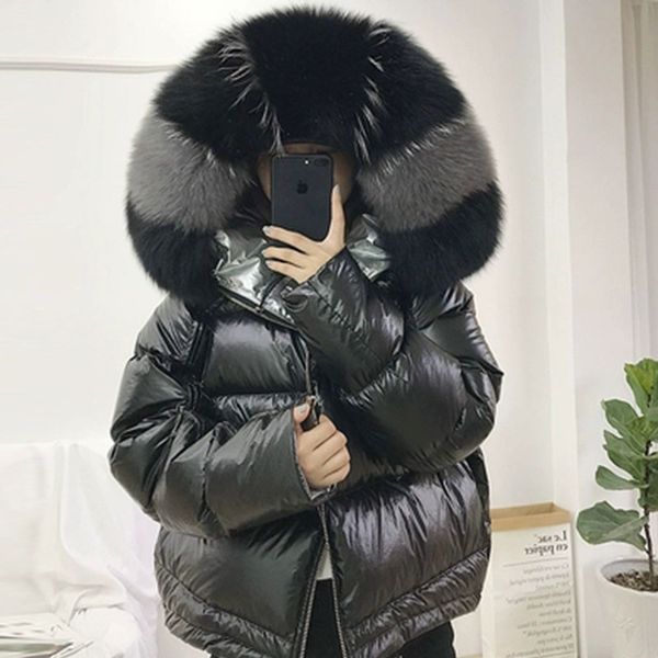 

winter down coat glossy fabric golden real fur collar hooded short down jacket female two face wear warm parkas jacket 131, Black