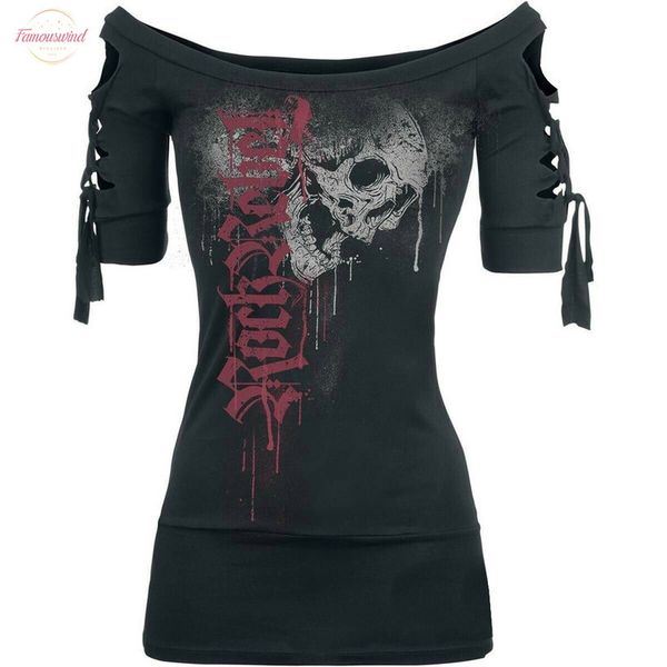 

skull printed women 2020 spring clothes cool polyester black t shirt slash slit plus size women g6, White