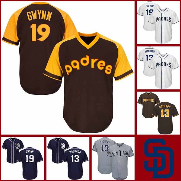 

San Diego Jerseys Padres 19 Tony Gwynn 13 Manny Machado White Nave Blue Gray New Cool Player Mens Jersey