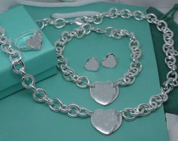 

2020 silver thick chain with heart plate bracelet and necklace heart earring ring suit with box and dustbag