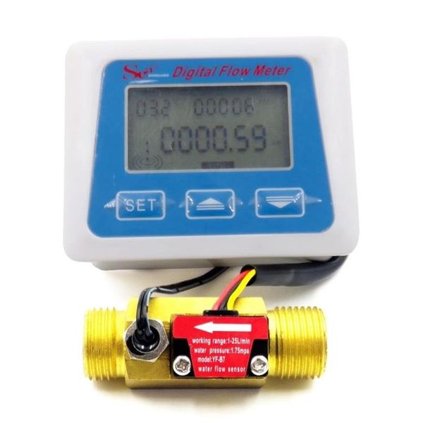 

digital lcd display water flow sensor meter flowmeter totameter temperature time record with g1/2 flow sensor