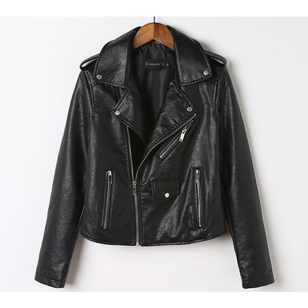 

2019 new fashion women autumn winter black faux leather jackets zipper basic coat turn-down collar biker jacket with blet