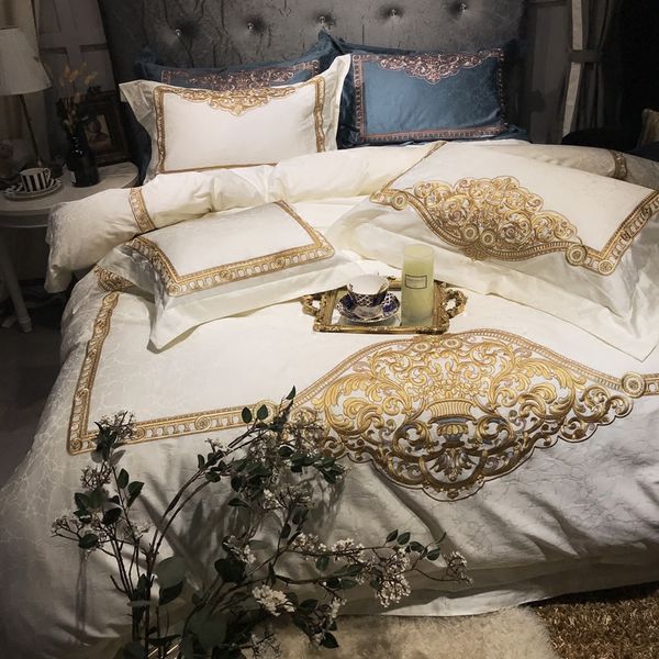 

120s egyptian cotton white gold embroidery luxury bedding set 4pcs king  wedding bed sheet cover set duvet cover pillowcase