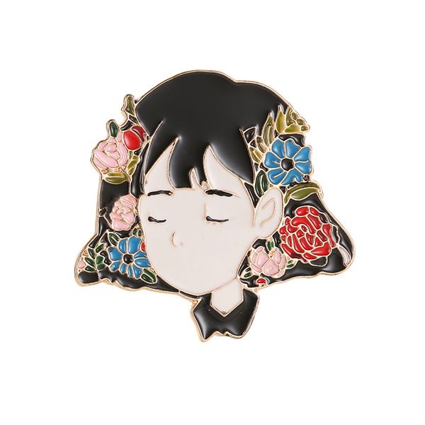 

loredana fashion creative alloy dripping glaze animation cartoon badge little beauty character head pin ornaments, Gray