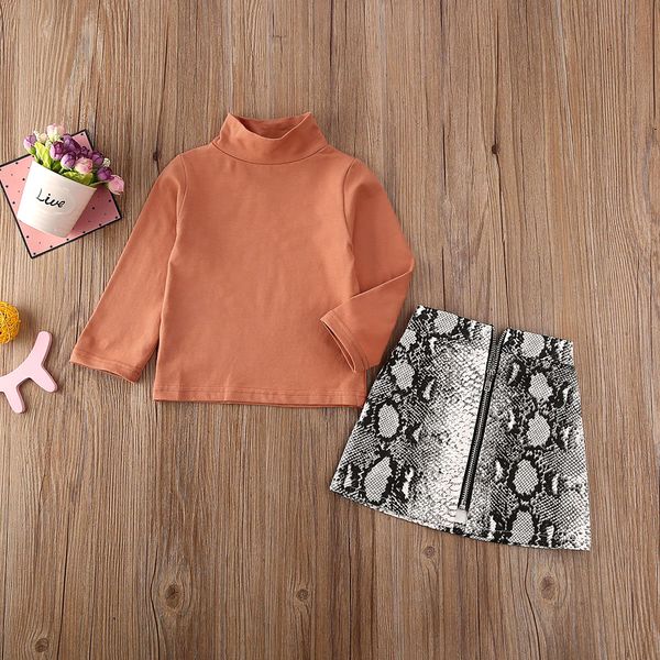 

toddler kid baby girl clothes set 2pcs turtleneck solid long sleeve snake print a-line skirt outfit, White