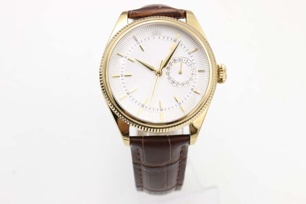 

white dial automatic mechanical watch brown leather strap 50525 permanent polished men's gold case 4 pins, Slivery;brown