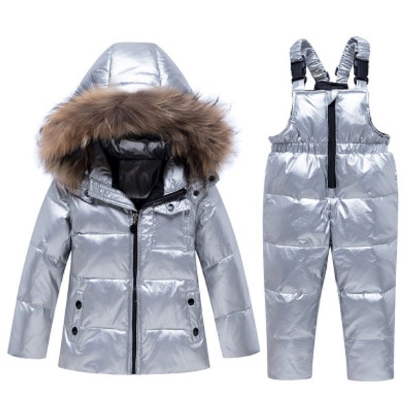 

childrens luxury down jacket sets kids brand solid color sets boys fur collar thick zipper set bright face down jacket bib pants winter, White