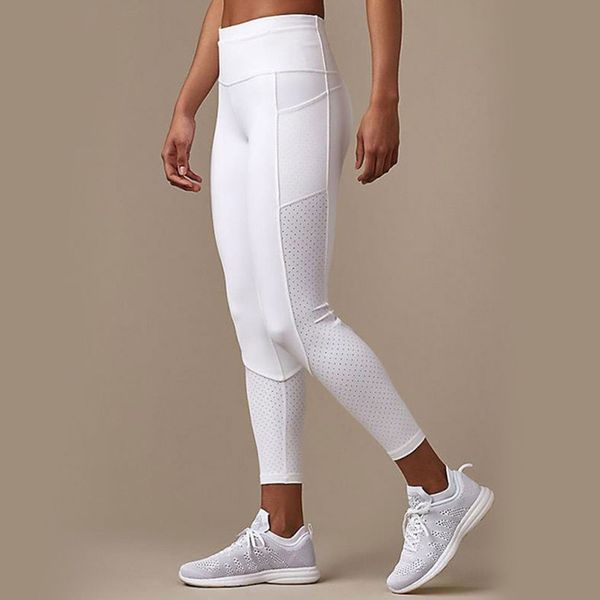 

solid mesh yoga pants tummy control workout tights side pocket yoga pants high waist skinny stretch jogging sport pant, White;red