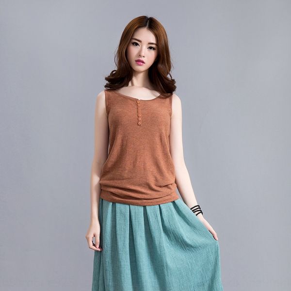 

1oxp5 xia pang mm large size loose knitted cotton linen camisole female overcoat slim medium and long thin cotton and linen shirt base shirt, Camo