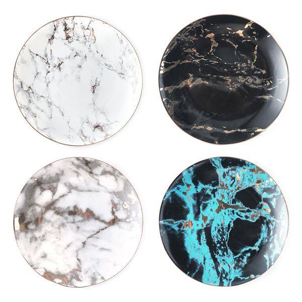 

1pcs tableware marble plates ceramic dinner set gold inlay porcelain dessert plate steak salad snack cake plates wholesale