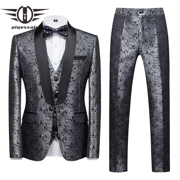 

plyesxale silver men suits with pants floral prom dress 3 piece set groom wedding suits for men tuxedo (jacket+pants+vest) q1005, White;black