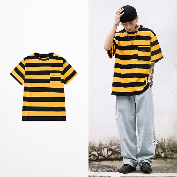 

fashion short hip hop o-neck yellow blue green men striped t shirt lovers couple retro pocket t-shirts male harajuku tee, White;black