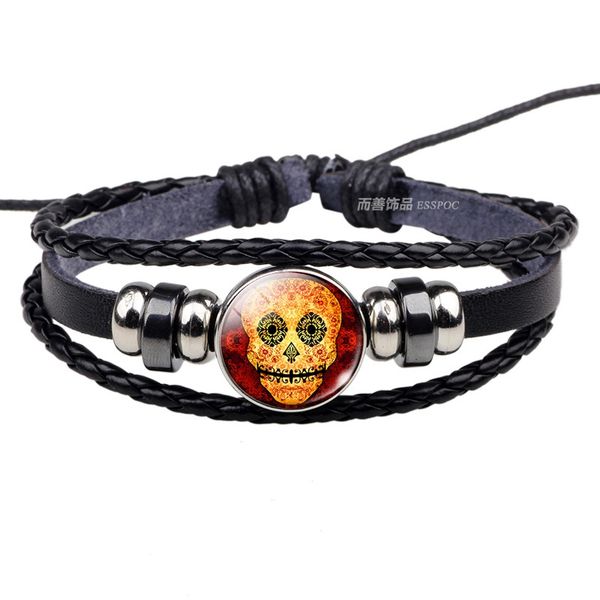 

sugar skull black leather bracelet bangles mexico folk art for men women day of the dead punk style handmade jewelry accessories, Golden;silver