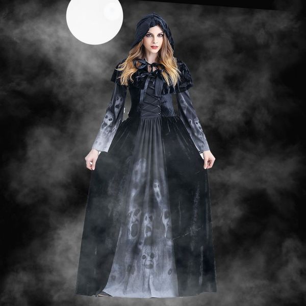 Halloween Scary Witch Cosplay Sudaderas con capucha Disfraces Mujer Fantasma Vampiro Horror Cloak Grim Reaper Vestido largo Adulto Fiesta Disfraz Juego de roles Mujeres