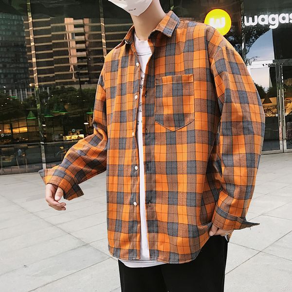 

2019 осень классическая клетчатая рубашка с длинным рукавом мужская повседневная свободная рубашка хип хоп уличная мужская блузка harajuku м, White;black