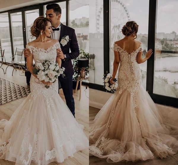 

2020 amazing nude ivory nigerian lace mermaid wedding dresses boat neckline lace-up elegant party formal dress bridal gowns designer, White