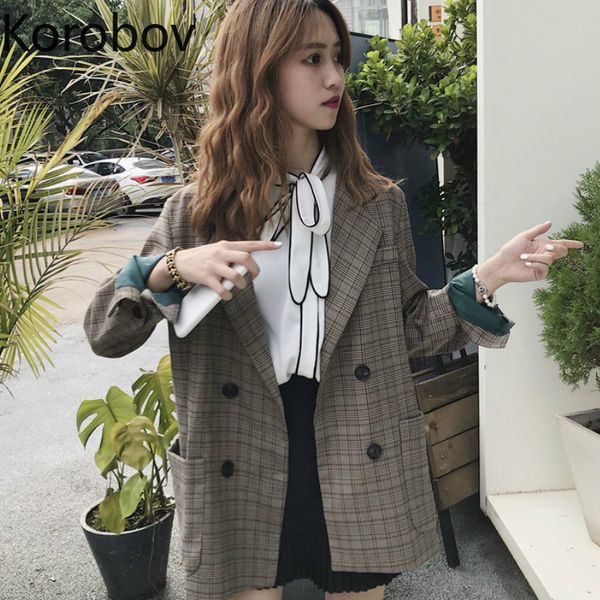 

korobov korean vintage plaid double breasted vogue women blazer casual long sleeve auttum new fashion blazers feminina 77805, White;black