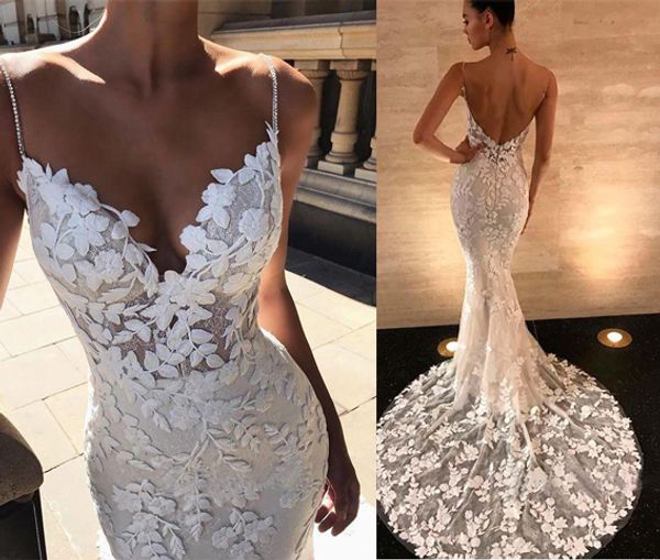 

Handmade lace applique wedding dre e country tyle count train deep v neck backle mermaid bridal gown imple wear, White