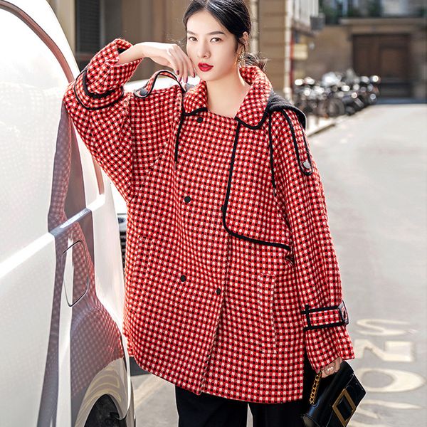

mevgo2019 new hooded women fashion knitted red coat autumn winter casual loose elegant buttons cropped jacket female hd3308, Black