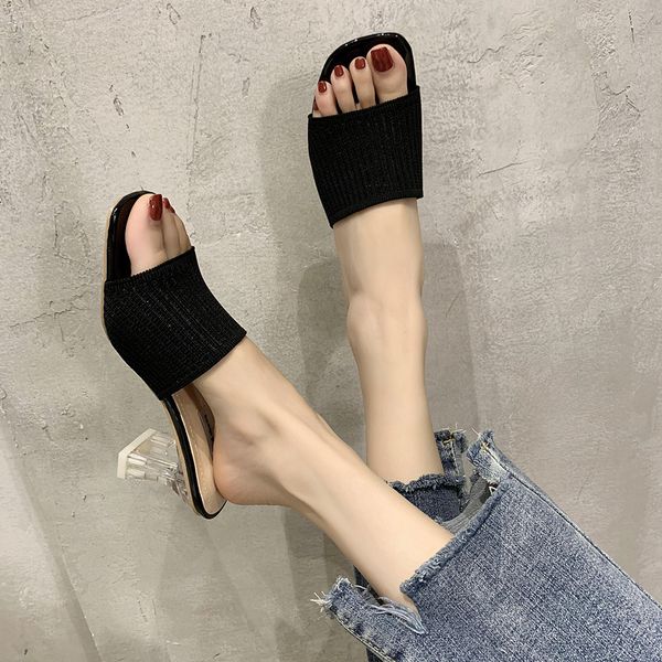 

slippers casual female shoes women heels slides jelly flip flops 2020 high soft glitter transparent rome rubber fashion, Black