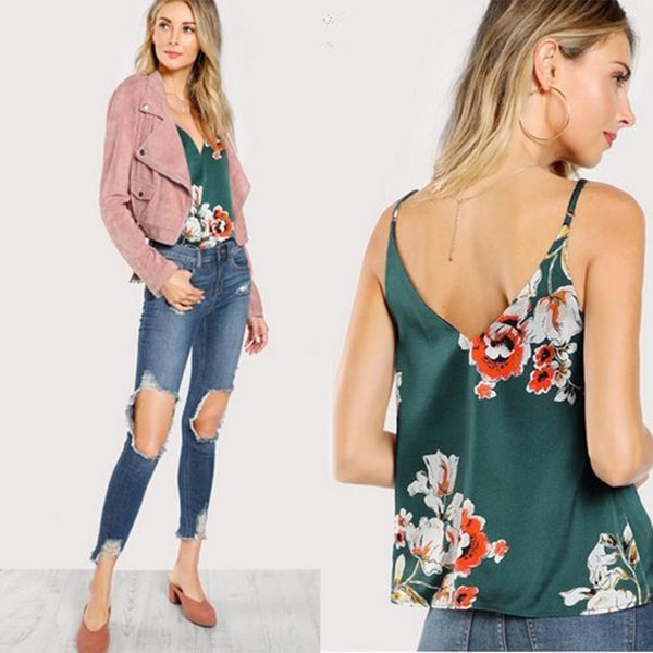 

women casual v-neck spaghetti strap print green summer cami top, White