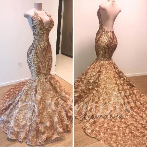 

African Gold Mermaid Prom Dresses 2019 Halter V Neck 3D Flowers Black Girls Evening Dress Long Sweep Train Arabic dresses dubai Party Gowns