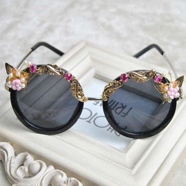 

fashion rose flower sunglasses for women round sun glasses mirror butterfly pearl decoration eyewears oculos brand designer, White;black