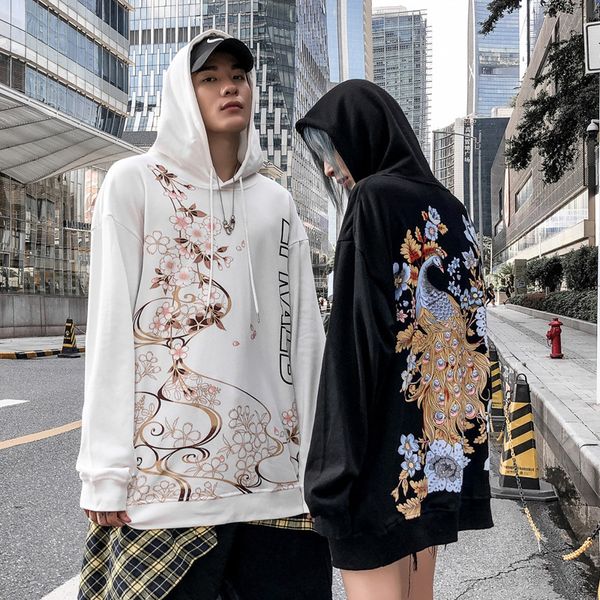 

men's hoodies autumn winter women hooded hip hop hoodie with peacock print loose couple clothing size s-xl, Black