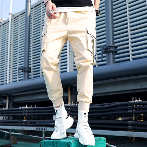 

2019 spring summer pants men multi-pocket cargo pants elastic waist harem pant hip hop casual loose joggers male, Black