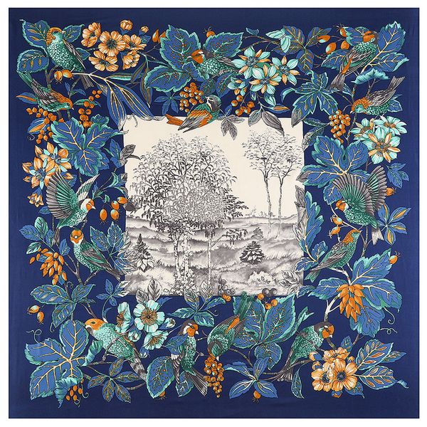 

130cm bohemia bird flower hillside twill 100% silk scarf women square scarves kerchief for ladies shawl echarpe, Blue;gray