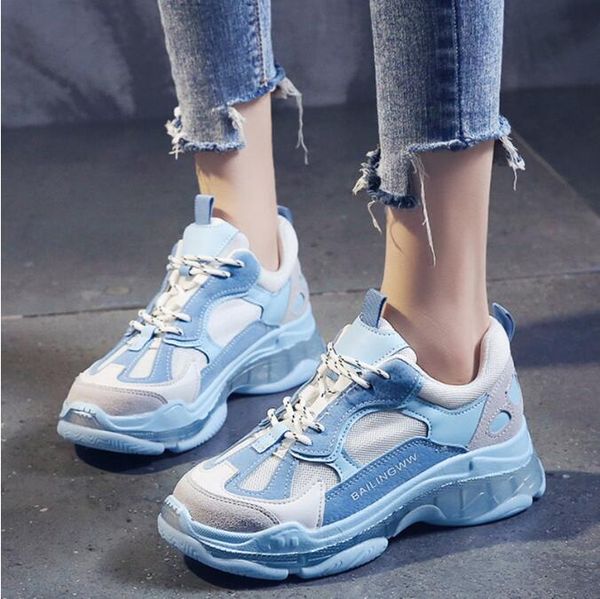 

clear platform blue sneakers women breathable mesh chunky shoes women vulcanize shoes tenis feminino casual flats yellow bi85, Black