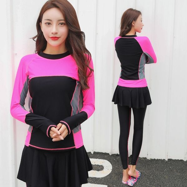 

large size swimsuit trousers split long sleeve trousers with skirt sports student extra swimsuit, White;black