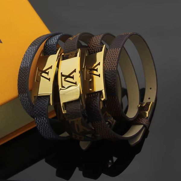 

new arrive fashion men lady double wrap print flower/plaid design buckle leather bracelet bangle with 18k gold v letter accessories, Black