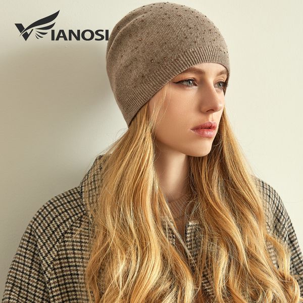 

vianosi brand cashmere knitted winter hat women thick female beanies warm cap rhinestone wool hats for women, Blue;gray