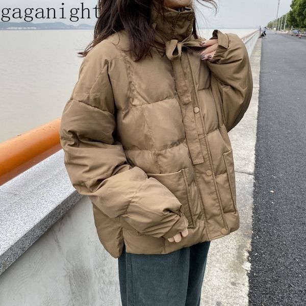 

gaganight design fashion parkas women solid casual loose winter coat female plus size pocket lace up outwear office lady vintage, Black