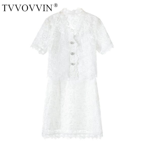 

tvvovvin 2020 summer new lace hollow out elastic waist white two-piece set mini skirt+shirt solid embroidery button a089