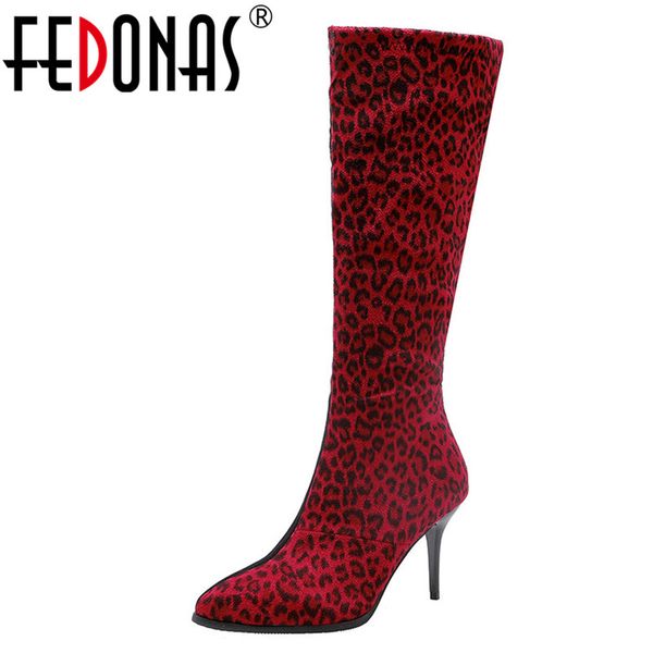 

fedonas fashion women side zipper knee high boots autumn winter warm riding boots leopard party thin high heels shoes woman, Black