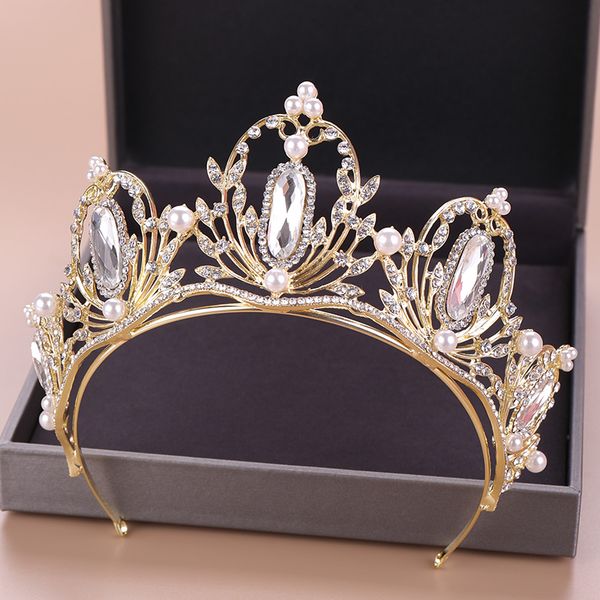 

gold color hair crown pearl wedding hair jewelry accessories rhinestone crystal head decoration ornament half diadem, Golden;white