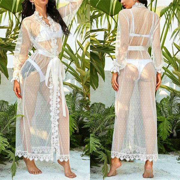 Branco Sexy casamento Illusion roupões Long Sleeve Dot Chiffon Lace Sash Mulheres Camisola Andar de comprimento Pijama nupcial Robe